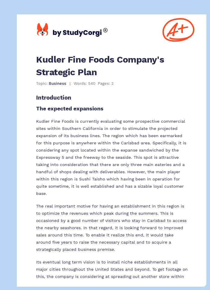 Kudler Fine Foods Company's Strategic Plan. Page 1