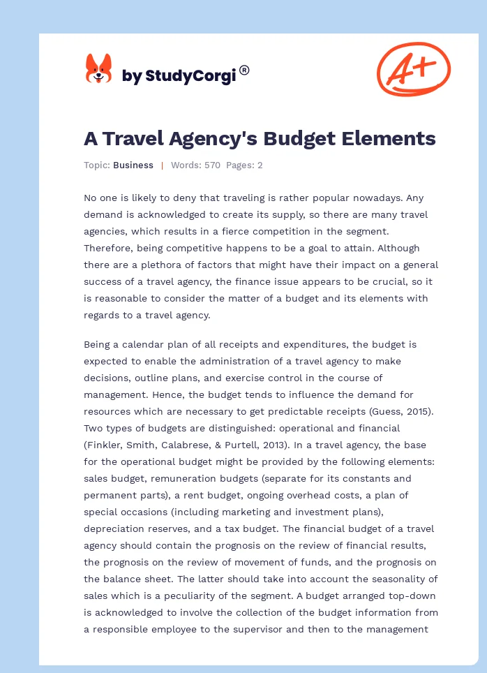 A Travel Agency's Budget Elements. Page 1