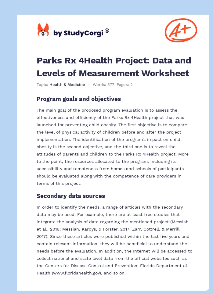Parks Rx 4Health Project: Data and Levels of Measurement Worksheet. Page 1