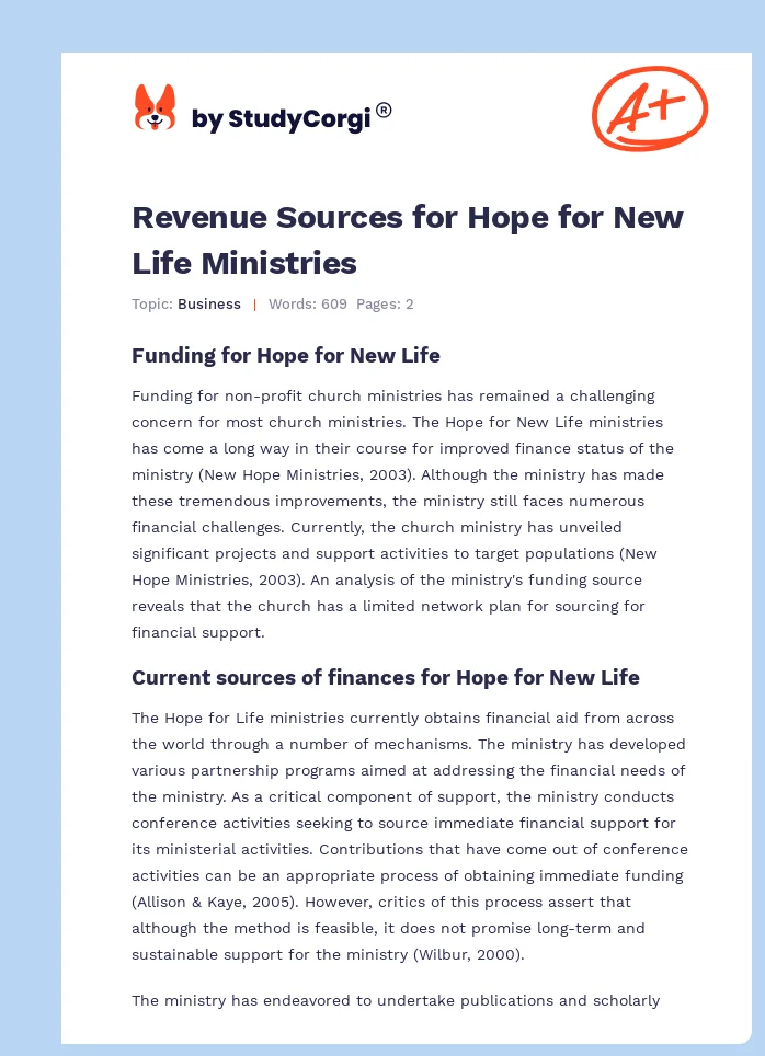 Revenue Sources for Hope for New Life Ministries. Page 1