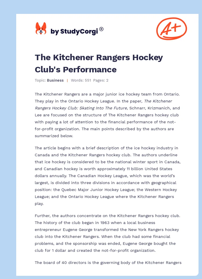 The Kitchener Rangers Hockey Club's Performance. Page 1