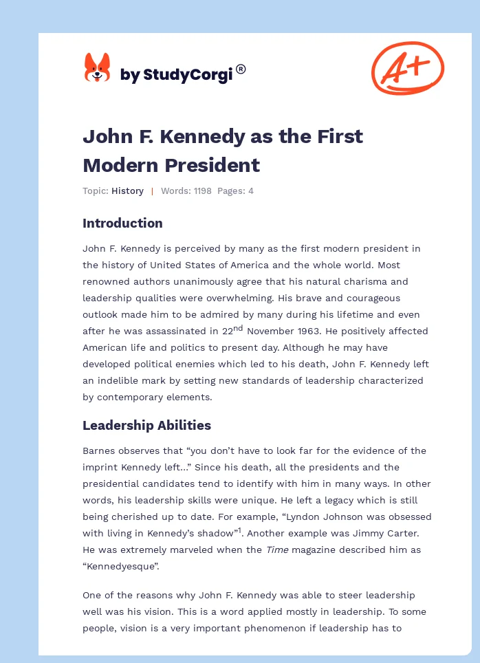 John F. Kennedy as the First Modern President. Page 1