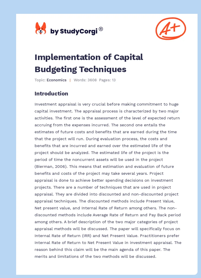 Implementation of Capital Budgeting Techniques. Page 1