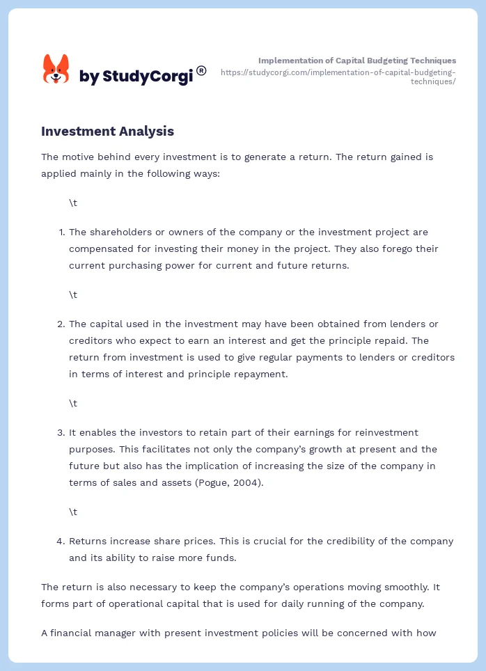 Implementation of Capital Budgeting Techniques. Page 2