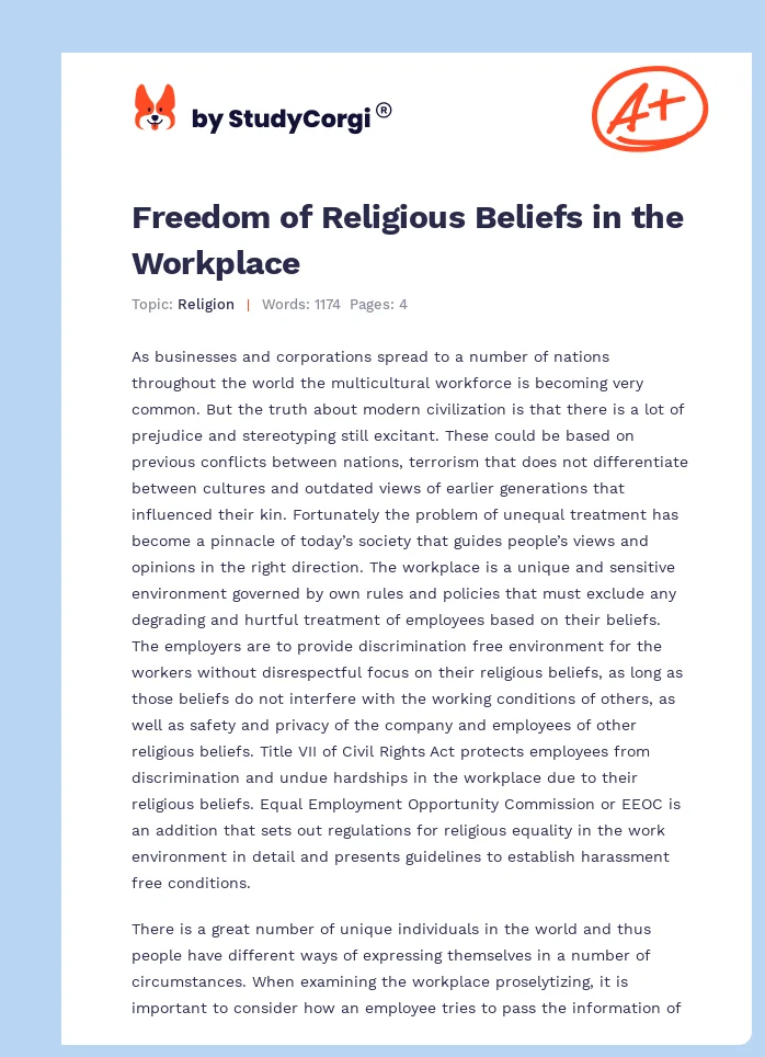 Freedom of Religious Beliefs in the Workplace. Page 1