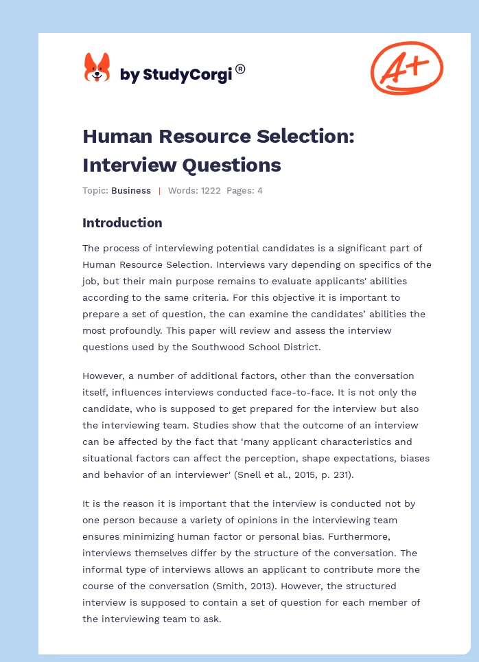 Human Resource Selection: Interview Questions. Page 1