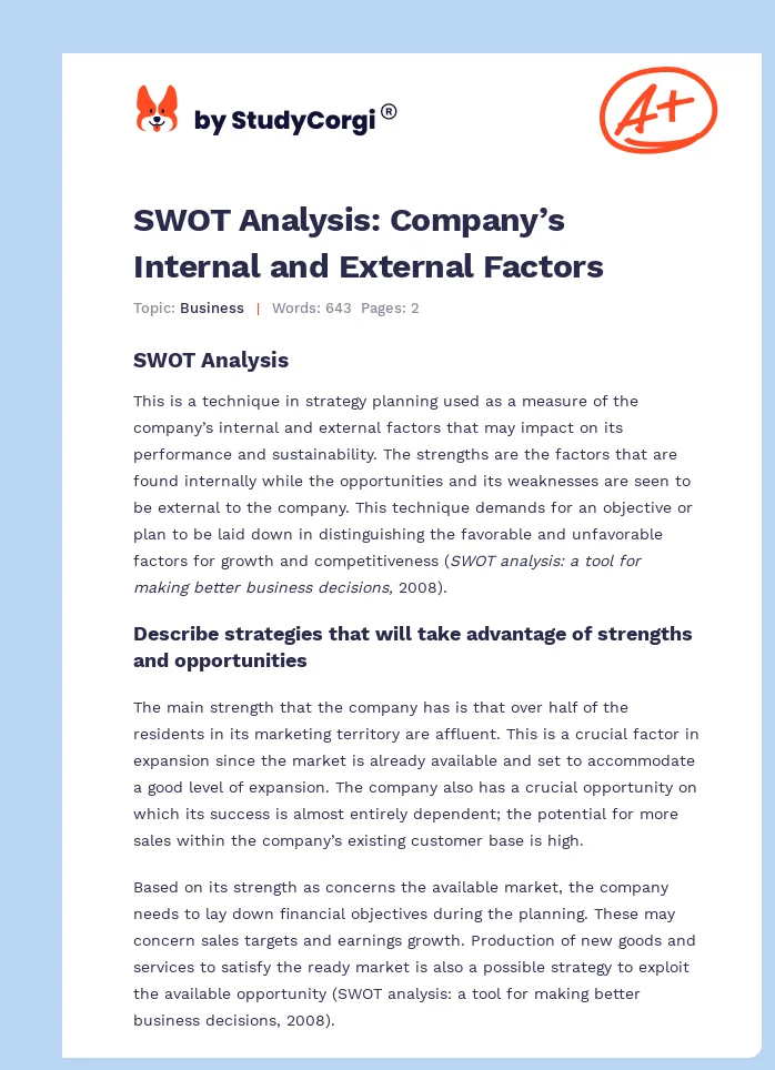 SWOT Analysis: Company’s Internal and External Factors. Page 1