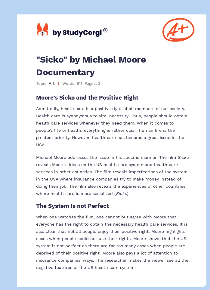 "Sicko" by Michael Moore Documentary. Page 1