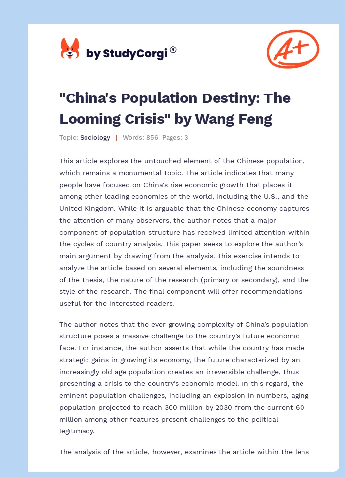 "China's Population Destiny: The Looming Crisis" by Wang Feng. Page 1