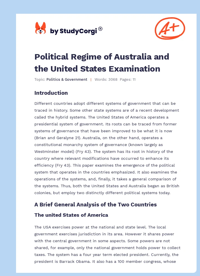 Political Regime of Australia and the United States Examination. Page 1