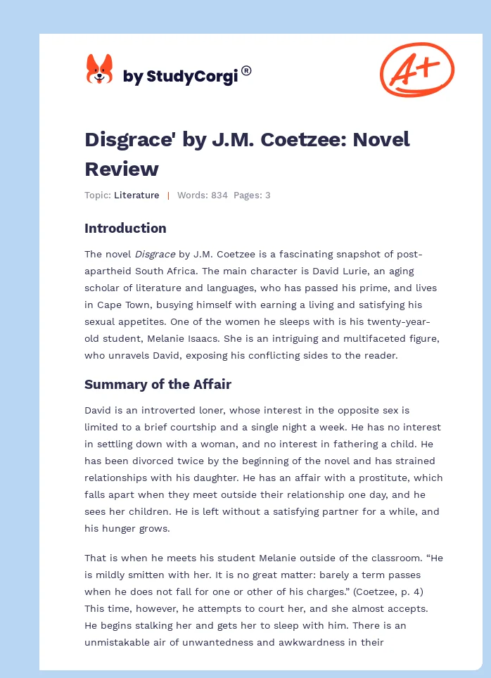 Disgrace' by J.M. Coetzee: Novel Review. Page 1