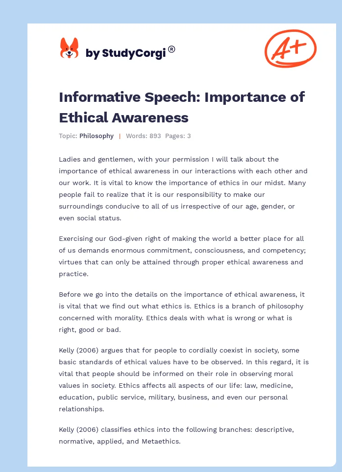 Informative Speech: Importance of Ethical Awareness. Page 1