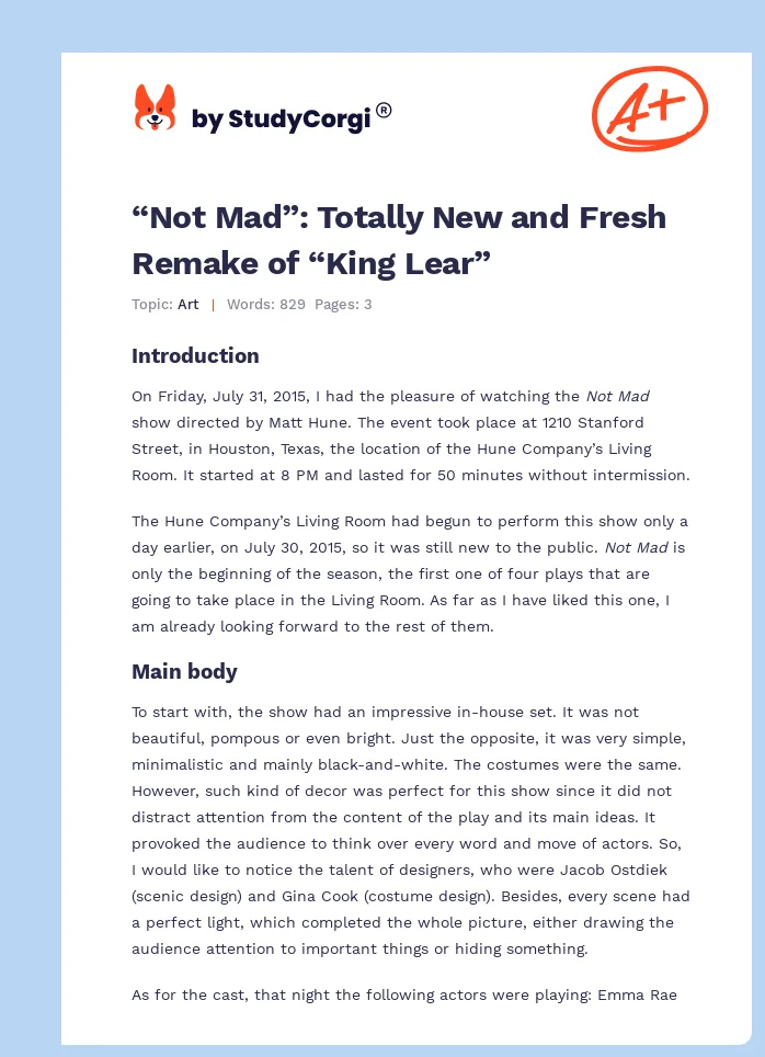 “Not Mad”: Totally New and Fresh Remake of “King Lear”. Page 1