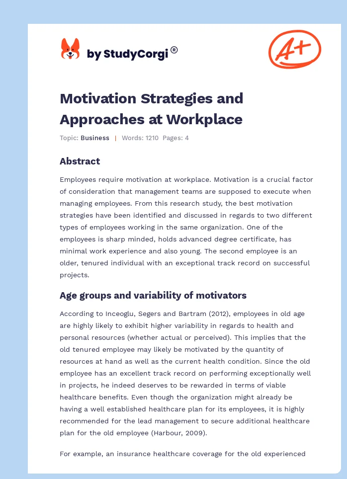 Motivation Strategies and Approaches at Workplace. Page 1