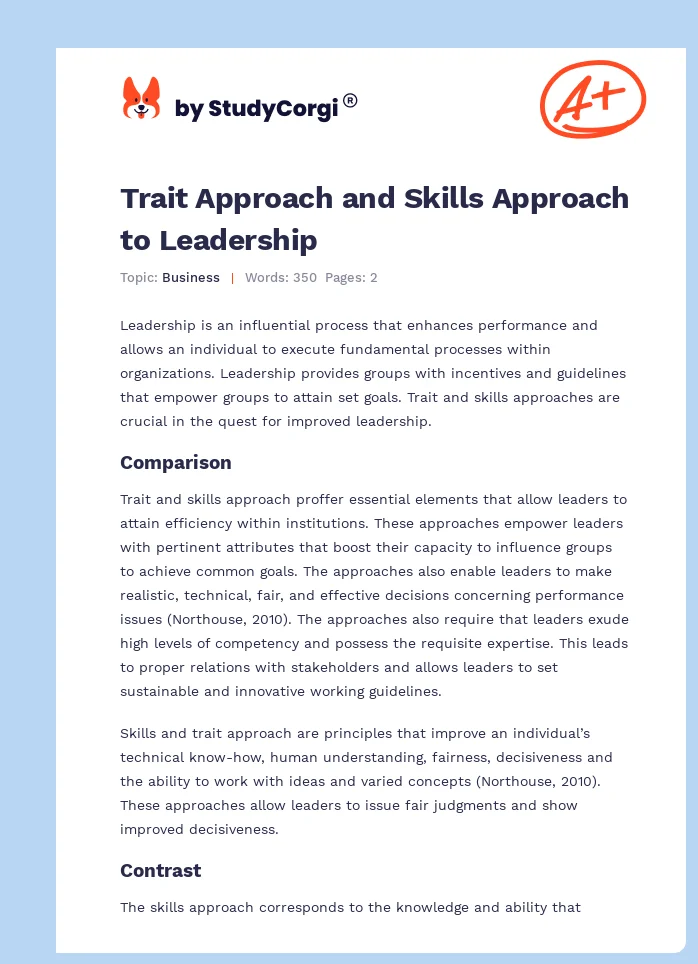 Trait Approach and Skills Approach to Leadership. Page 1