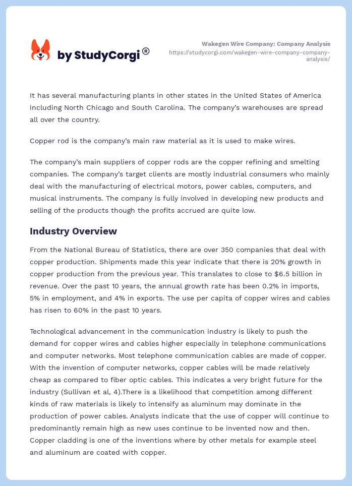 Wakegen Wire Company: Company Analysis. Page 2