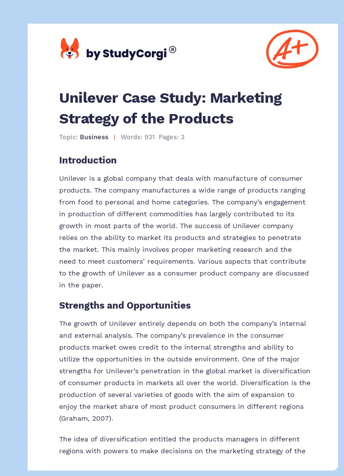 Unilever Case Study: Marketing Strategy of the Products. Page 1