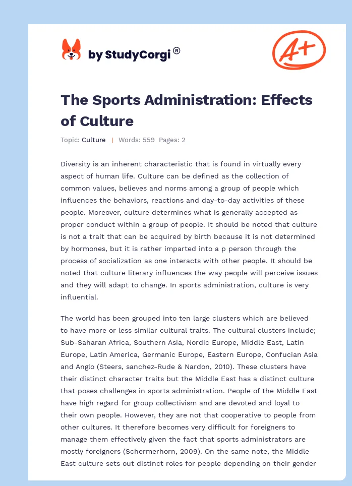 The Sports Administration: Effects of Culture. Page 1