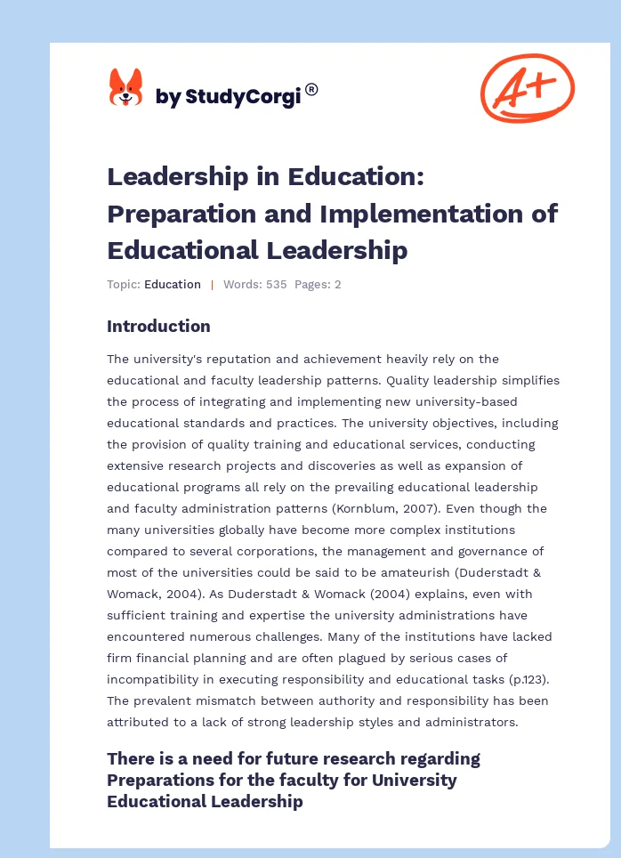 Leadership in Education: Preparation and Implementation of Educational Leadership. Page 1