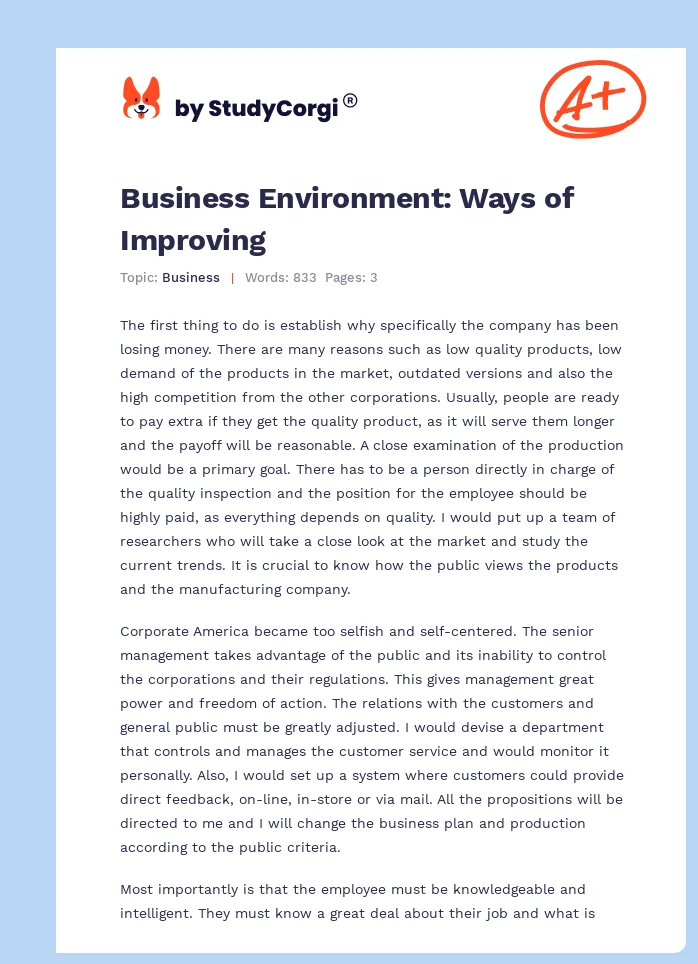Business Environment: Ways of Improving. Page 1