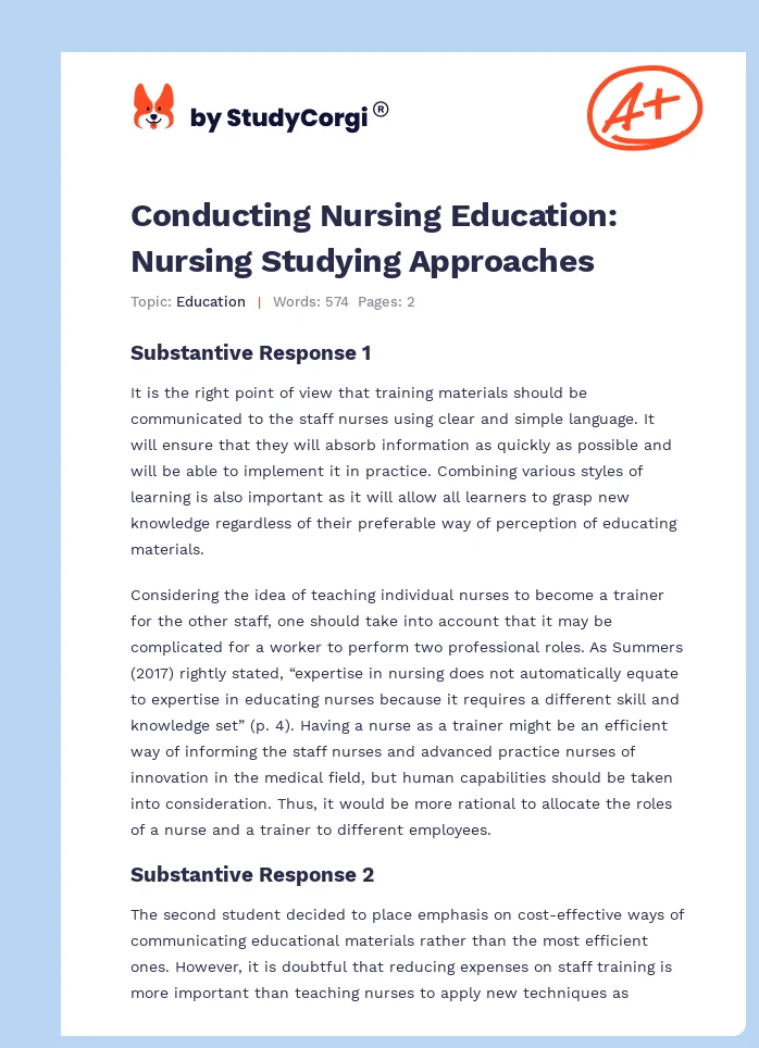 Conducting Nursing Education: Nursing Studying Approaches. Page 1