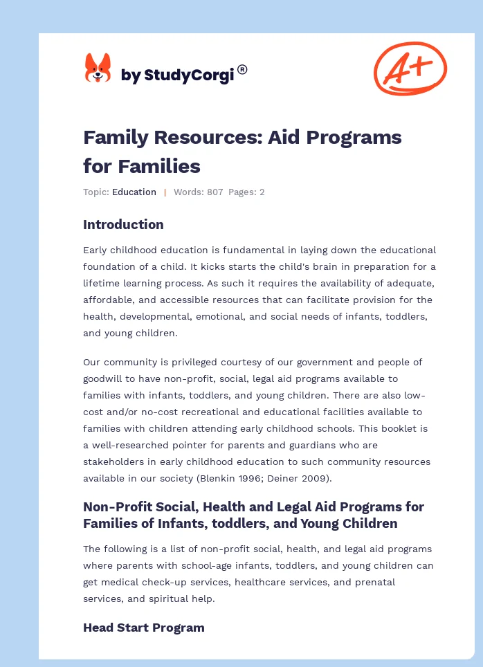Family Resources: Aid Programs for Families. Page 1