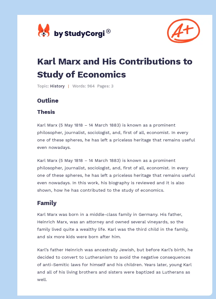 Karl Marx and His Contributions to Study of Economics. Page 1