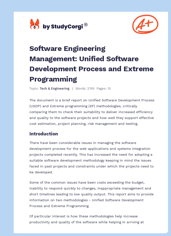 Software Engineering Management: Unified Software Development Process and Extreme Programming. Page 1