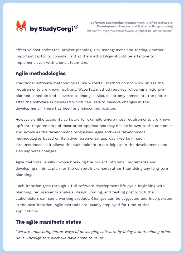 Software Engineering Management: Unified Software Development Process and Extreme Programming. Page 2