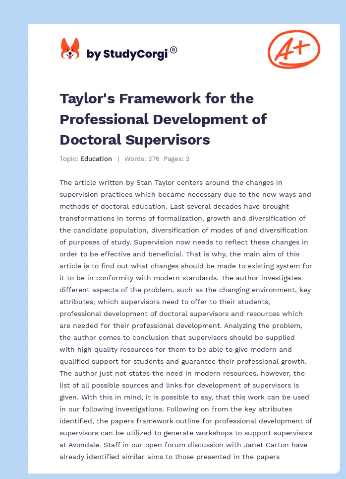 Taylor's Framework for the Professional Development of Doctoral Supervisors. Page 1