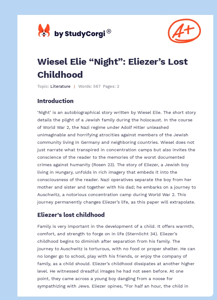 Wiesel Elie “Night”: Eliezer’s Lost Childhood. Page 1