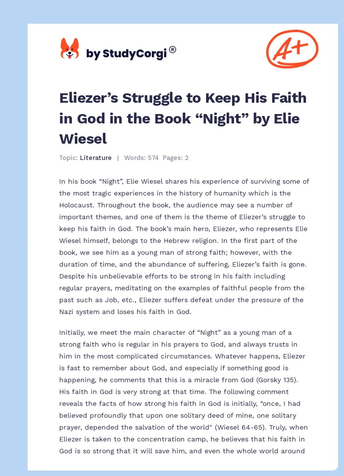 Eliezer’s Struggle to Keep His Faith in God in the Book “Night” by Elie Wiesel. Page 1