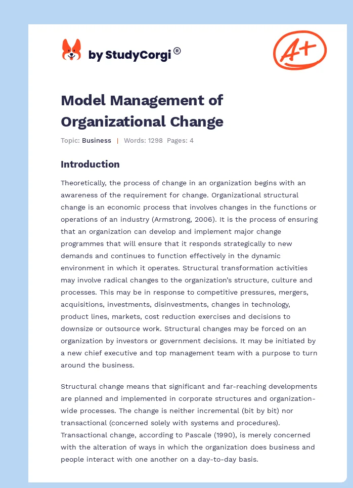Model Management of Organizational Change. Page 1
