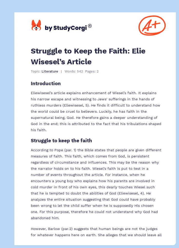 Struggle to Keep the Faith: Elie Wisesel’s Article. Page 1