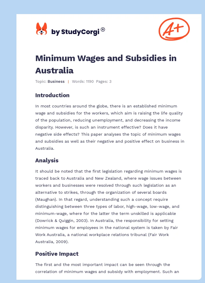 Minimum Wages and Subsidies in Australia. Page 1