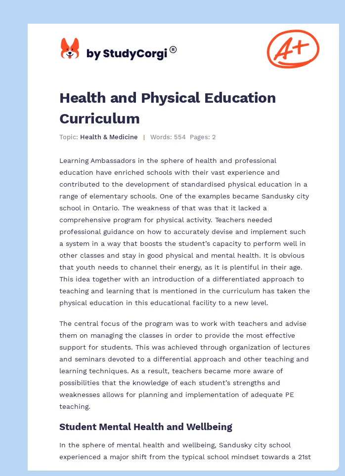 Health and Physical Education Curriculum. Page 1