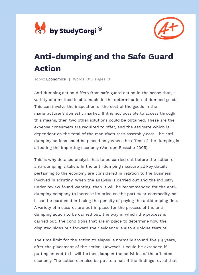 Anti-dumping and the Safe Guard Action. Page 1