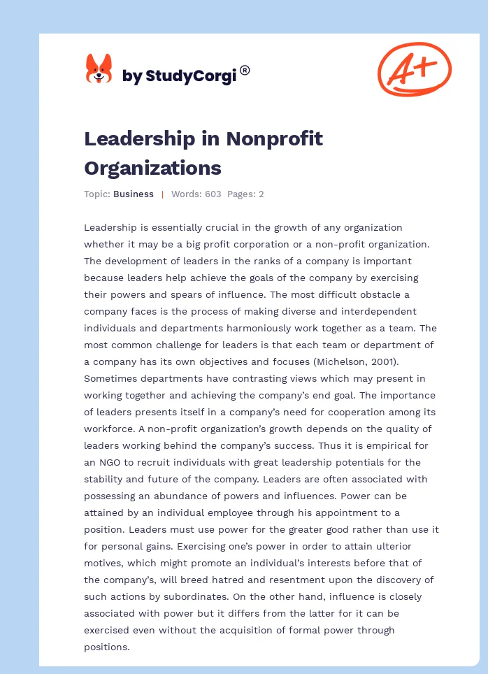 Leadership in Nonprofit Organizations. Page 1