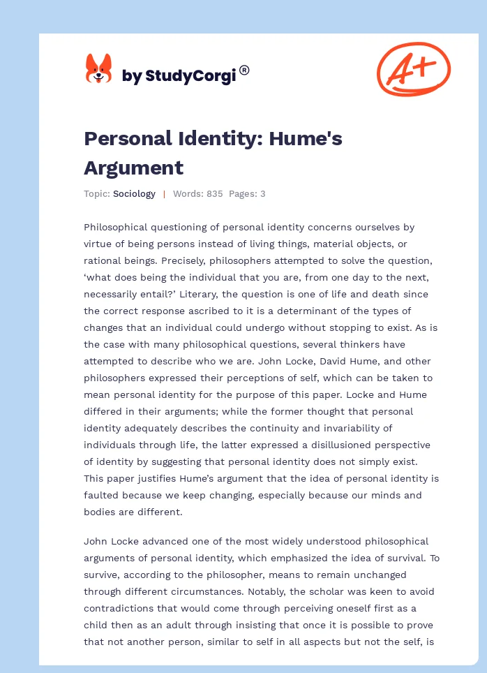 Personal Identity: Hume's Argument. Page 1