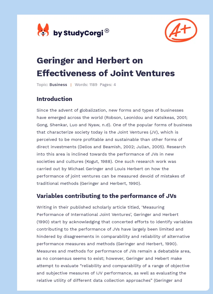 Geringer and Herbert on Effectiveness of Joint Ventures. Page 1