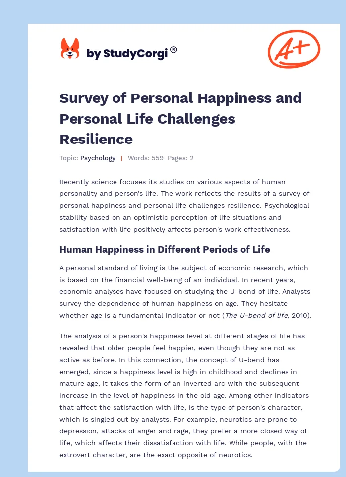 Survey of Personal Happiness and Personal Life Challenges Resilience. Page 1