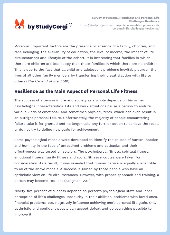 Survey of Personal Happiness and Personal Life Challenges Resilience. Page 2