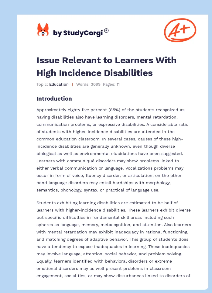 Issue Relevant to Learners With High Incidence Disabilities. Page 1