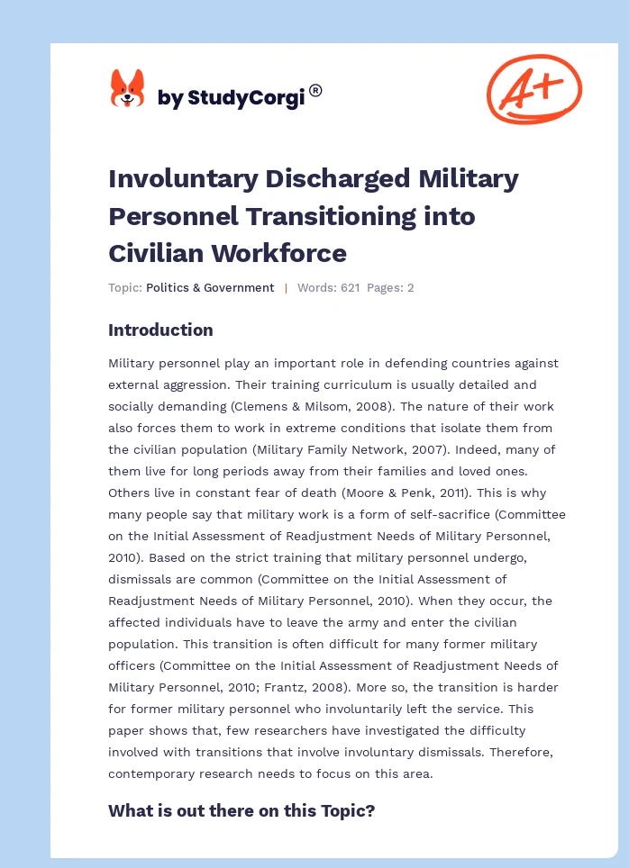 Involuntary Discharged Military Personnel Transitioning into Civilian Workforce. Page 1