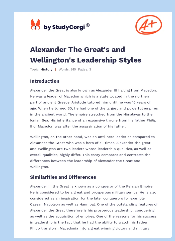 Alexander The Great's and Wellington's Leadership Styles. Page 1