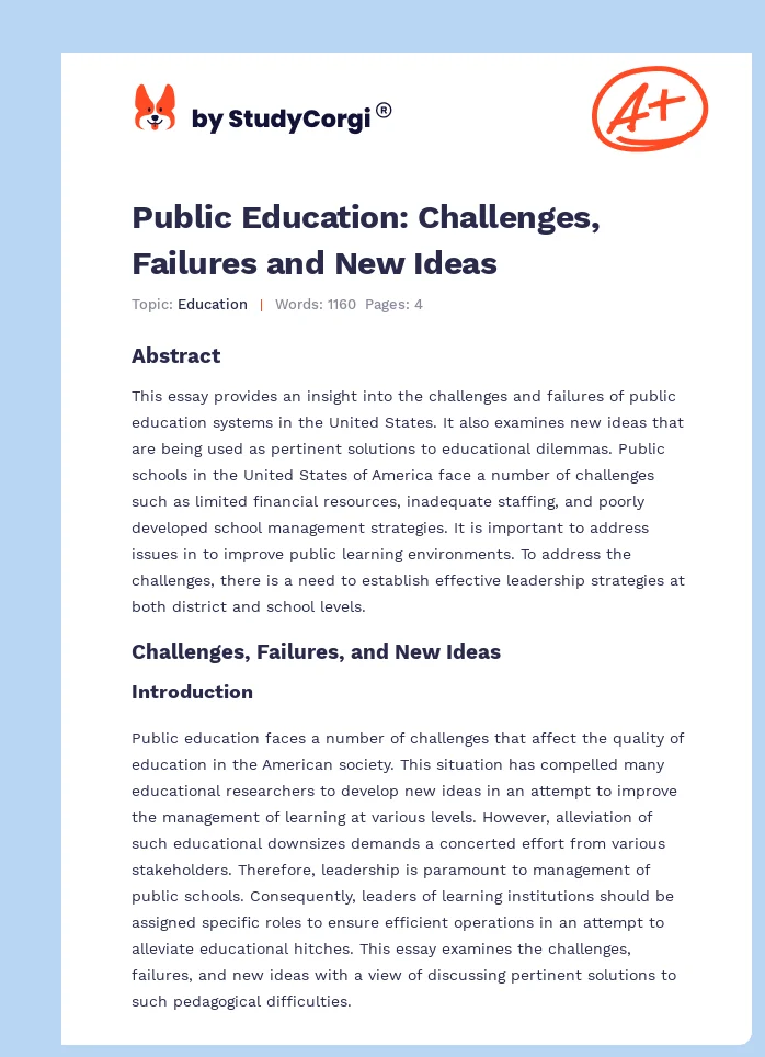 Public Education: Challenges, Failures and New Ideas. Page 1