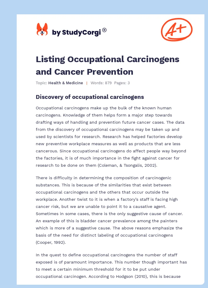 Listing Occupational Carcinogens and Cancer Prevention. Page 1