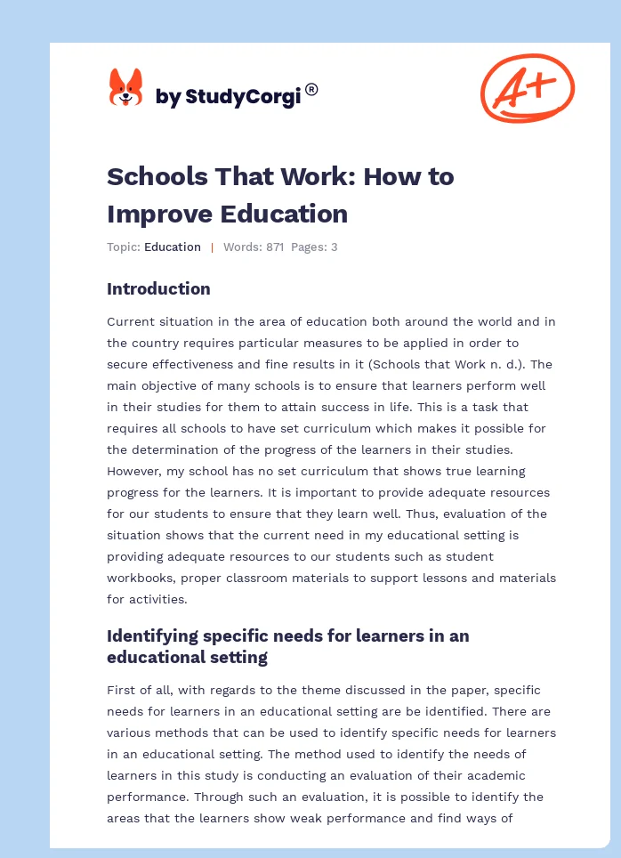 Schools That Work: How to Improve Education. Page 1