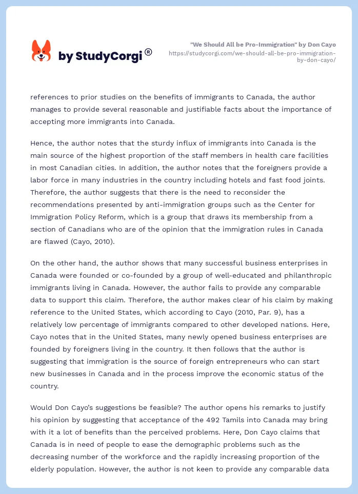 "We Should All be Pro-Immigration" by Don Cayo. Page 2