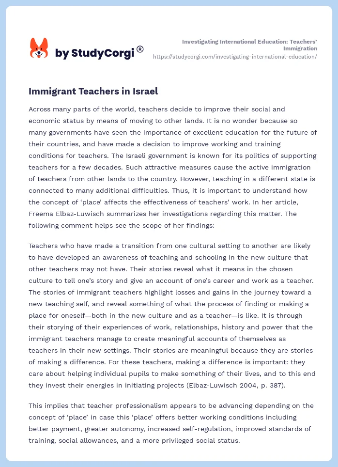 Investigating International Education: Teachers’ Immigration. Page 2